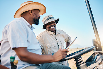 Image showing Game drive, safari and men with tablet for direction in Kenya desert with car for travel transport. Holiday, tour guide and driving with tech for adventure, holiday and journey info with employees