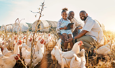 Image showing Family, chicken farm and portrait in countryside with gay parents, agriculture help and kid. Happy, farming and child together with love and farmer support with bird and animal stock in field