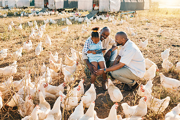 Image showing Family, chicken farm and hug in countryside with sustainability, agriculture help and kid. Gay parents, farming and child together with parent love and support with bird and animal stock in field