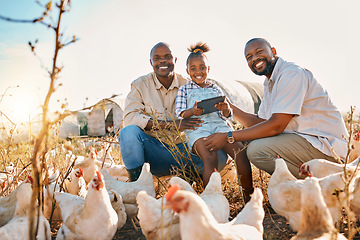 Image showing Family, chicken farm and lgbt portrait in countryside with sustainability, agriculture and kid. Gay parents, farming and child together with parent love and support with bird animal stock in field