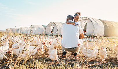 Image showing Chicken, farming and black family hug with birds outdoor for sustainability and agriculture. Dad, child and working together on farm field and countryside with support and care for animal livestock