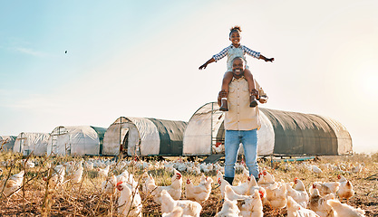 Image showing Chicken, farming and family with fun outdoor for sustainability growth and agriculture. Dad, child and working together on farm field and countryside with support and care for animal livestock