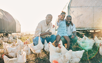 Image showing Agriculture, chicken and portrait of parents with girl in countryside for farming, eggs and livestock. Travel, sustainable farm and lgbtq fathers with child for bonding, relax and learning in nature