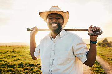 Image showing Environment, smile and portrait of man on farm for sustainability, agriculture and nature ecology. Happy, peace and sunset with face of male farmer on countryside field for summer, health and calm