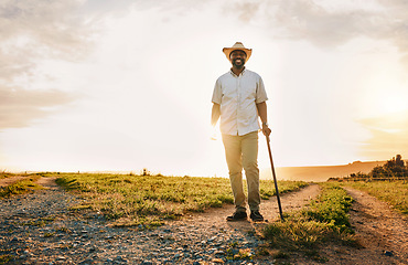 Image showing Environment, nature and portrait of man on farm for sustainability, agriculture and ecology. Happy, peace and sunset with farmer on countryside field for summer, health and calm with mockup space