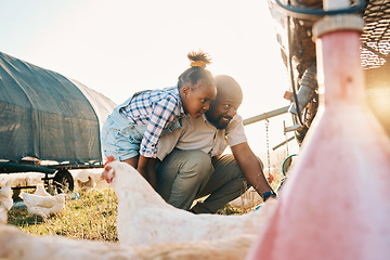 Image showing Chicken, farming and family with birds check outdoor for sustainability and agriculture. Dad, child and working together on farm field and countryside with support and care for animal livestock