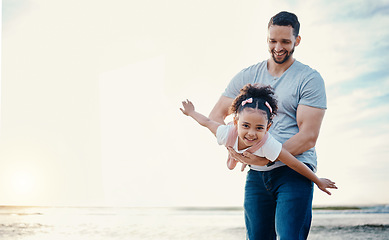 Image showing Airplane, kid and father at beach with family, playing games love and travel, mockup space and fun outdoor. Happy people, freedom and adventure, man and girl flying with tropical holiday and bond