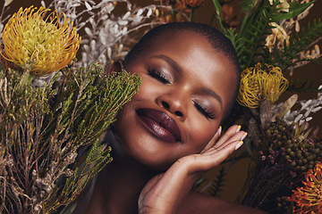 Image showing Black woman, flowers and beauty with face, smile with makeup and natural cosmetics with hand touching skin. African model, plants and nature, sustainable skincare and eyes closed, facial and glow