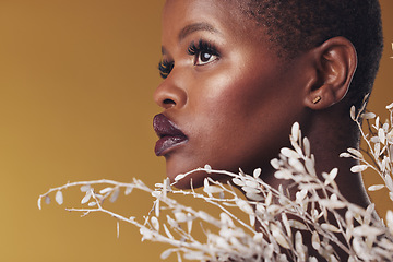 Image showing Thinking, plants and black woman with skincare, cosmetics and dermatology on a brown studio background. Solution, face or person with natural beauty, mockup space and wellness with flowers or profile