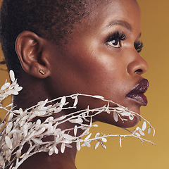 Image showing Black woman, flower and beauty with profile, makeup and natural cosmetic care isolated on studio background. African model thinking, plant and sustainable skincare with face, lashes and shine