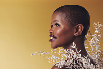 Image showing Thinking, flowers and black woman with skincare, smile and cosmetics on a brown studio background. Ideas, person and model with natural beauty, mockup space and dermatology with shine and wellness