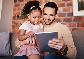 Image showing Child, dad and tablet for learning on sofa in family home or reading online, playing a game or technology for education. Father, kid and mobile app to teach or streaming cartoon and watching tv
