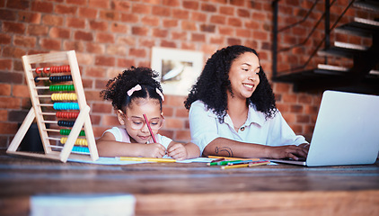 Image showing Remote work, home and a mother and child with homework or a laptop for typing an email. Happy, table and a young mom with a computer for freelance job and a girl kid drawing or writing for education