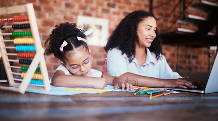 Image showing Homework, writing and child in home with mom, learning and ideas for project. Young girl, problem solving and mother working at a house with student education and drawing notes at table for school