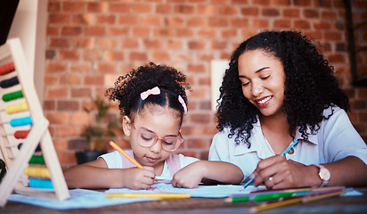 Image showing Smile, mother and girl with homework, help and conversation with education, growth and learning advice. Family, parent or female kid writing in a lounge, notebook and knowledge with child development