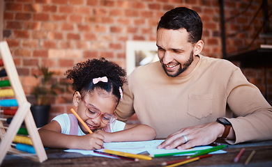 Image showing Happy, father and girl with homework, help and conversation with education, advice and learning. Family, male parent or female child writing in a lounge, notebook and knowledge with support or growth