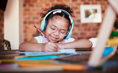 Image showing Writing, headphones and child at home with music, learning and homework for school. Kid, studying and happy with radio and audio streaming in a house with listening and drawing for creative project