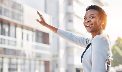 Image showing Taxi, business woman and smile in the city with wave for travel and urban transportation. Hailing cab, African professional and road with entrepreneur outdoor with a worker smile from traffic commute