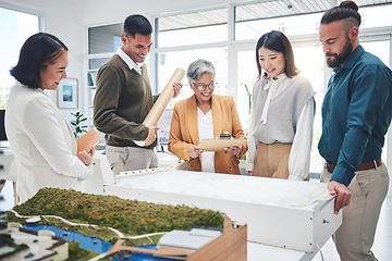 Image showing Business, group and staff with blueprint, architecture or planning with teamwork, brainstorming or meeting for development. People, engineer or coworkers with paperwork, conversation or collaboration