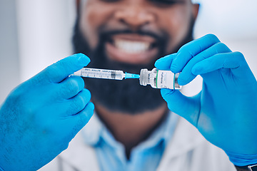 Image showing Happy man, doctor and hands with syringe for vaccine, injection or flu shot in healthcare at hospital. Closeup of male person or medical expert with needle, vial or monkey pox vaccination at clinic