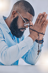 Image showing Rosary, black man and hands with praying beads, religion and christian respect with gratitude and support. Help, praise or holy spirit healing of a person with spiritual necklace, prayer and cross