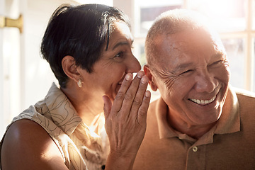 Image showing Elderly couple, gossip and laugh in retirement home from secret and conversation with smile. Did you know, drama and marriage with senior people together with story talk and listening in a house