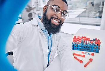 Image showing Scientist, selfie and man with blood research and happy from medical and healthcare work. African male doctor, portrait and profile picture for social media and chemistry test in a science laboratory