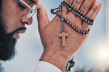 Image showing Rosary, man and hands with praying beads, religion and christian respect with gratitude and support. Help, praise or holy spirit healing of a male person with spiritual necklace, prayer and cross