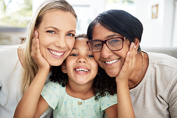 Image showing Interracial family, portrait and home with smile, bonding and care with grandmother, mom and child. Happy, love and living room with children and hug together to relax in support with grandparents