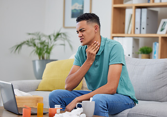 Image showing Remote work from home, sick or man with a laptop, sore throat or flu on a couch, virus or cold. Infection, freelancer or person on a sofa, inflammation or health crisis with medicine, burnout or pain