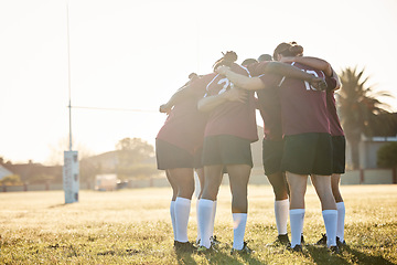Image showing Rugby, training and a sports team in a huddle on a field for a game, competition or fitness practice. Teamwork, exercise and workout with a group of athlete men in a circle together for preparation