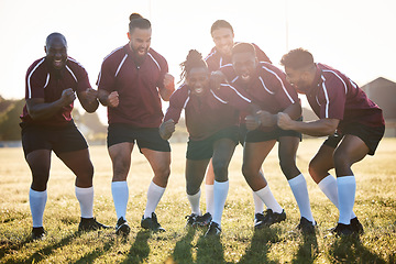 Image showing Team support, happy and men in rugby for game motivation, community or diversity on the field. Smile, fitness and athlete people cheering for training, goal or winning a contest or competition