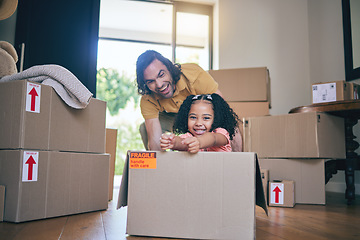 Image showing Father, portrait and kid in box of new home for games, fun and freedom in real estate apartment. Excited dad, girl child and interracial family play in cardboard boxes for race while moving to house