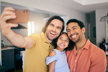 Image showing Selfie, family and gay portrait at home for social media and profile picture of parents and child. Happy, smile or photo of homosexual people and interracial girl together with support, love and care