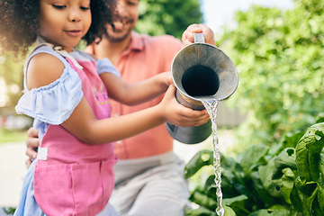 Image showing Gardening, father and daughter water plants, teaching and learning with growth in nature together. Backyard, sustainability and dad helping child watering vegetable garden with love, support and fun.