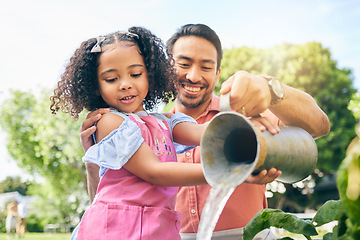 Image showing Gardening, dad and girl watering plants, teaching and learning growth in nature together. Backyard, sustainability and father helping daughter water vegetable garden with love, support and kids fun.