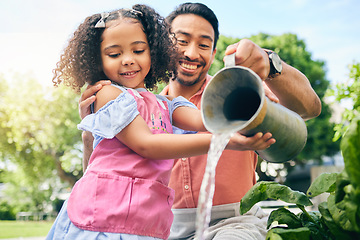 Image showing Gardening, happy man and daughter water plants, teaching and learning growth in nature together. Backyard, sustainability and dad helping child watering vegetable garden with love, support and fun.