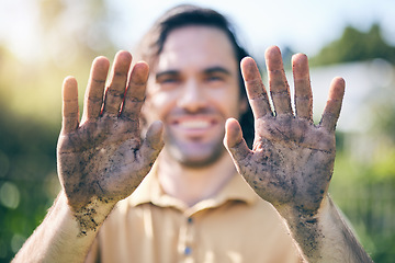 Image showing Gardening, dirt on hands and palms of man in nature for agriculture, farming and planting flowers. Sustainability, countryside and male person with earth, fertilizer and soil on hand for earth day