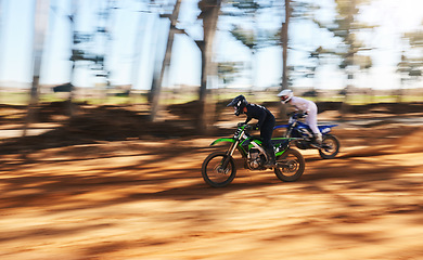 Image showing Race, motorbike and sports, men with speed for practice and training in fast adventure. Professional dirt biking, motion blur and off road motorcycle competition, performance and challenge in woods.