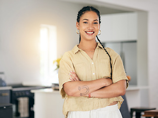 Image showing Portrait, smile and arms crossed with a woman in her apartment as a proud homeowner or tenant. Brazil, relax and satisfaction with a happy young female person in the kitchen of her modern house