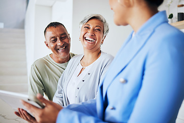 Image showing Senior couple, tablet and real estate agent in new house with discussion, investment or mortgage. Man, women and technology with agreement, property or home with smile in retirement with conversation