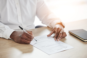 Image showing Closeup, business and man with a document, writing and insurance with a pen, planning and form. Zoom, person and professional with paperwork, contract or investment with a report, signing and hands