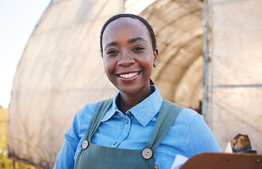 Image showing Black woman, portrait and farming with clipboard for sustainability, management or quality control in countryside. Face, smile and farmer with checklist for distribution stock at poultry supply chain