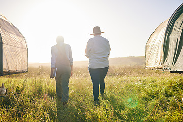 Image showing Sustainable farm, women walking and back outdoor with management and farming. Agriculture, people and woman working for small business in countryside with chicken coop and eco friendly field work