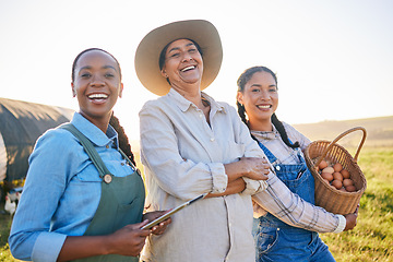 Image showing Chicken farm, women portrait and happy with farmer web management and egg collect. Agriculture, diversity and female group with small business in countryside with eco friendly work and success