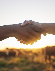 Image showing Thank you, handshake and people with b2b farm deal for agriculture, partnership or small business support. Welcome, shaking hands and farming collaboration for supply chain, trust and agro startup