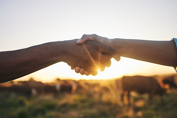 Image showing Welcome, handshake and people with b2b farm deal for agriculture, partnership or small business support. Thank you, shaking hands and farming collaboration for supply chain, trust and agro startup