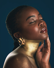 Image showing Beauty, gold and makeup with face of black woman for creative, luxury and cosmetics. Glow, glamour art and design with profile of model on dark background for elegant, skincare and salon treatment