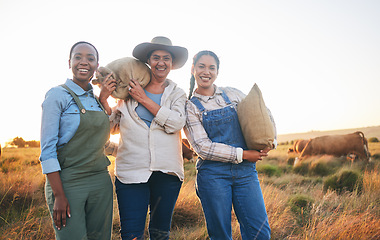 Image showing Farm portrait, women and countryside with a smile from working on a grass field with feed bag. Sustainability, eco friendly and agriculture outdoor at sunset in nature with farming cows and mission