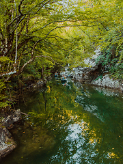 Image showing A group of friends enjoying having fun and kayaking while exploring the calm river, surrounding forest and large natural river canyons